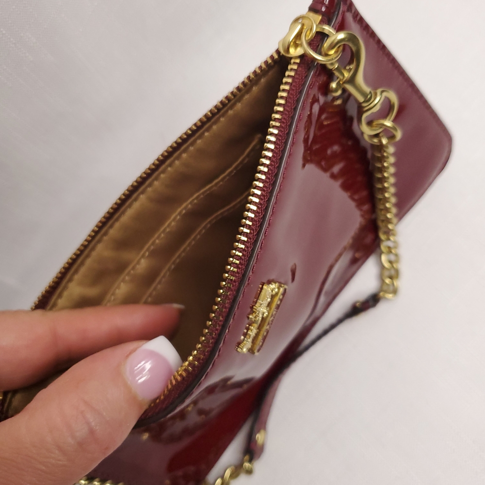 Coach Maroon Patent Leather Wristlet with Gold Chain - Picture 5 of 7